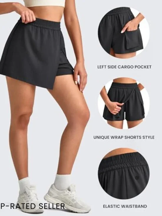 Wide Leg Skort with Cargo Pockets Active Tennis Hiking Casual Travel Wrap Front - Picture 4 of 7
